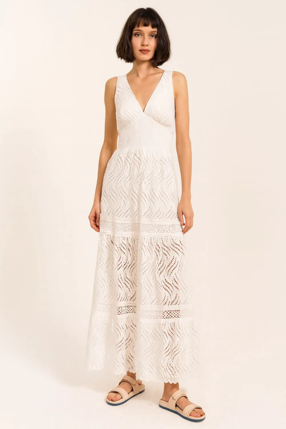 A Bluebird Canyon white eyelet maxi dress